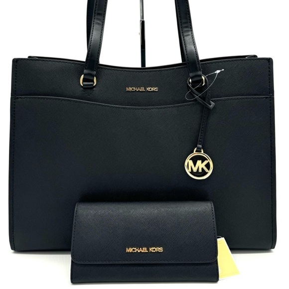 Michael Kors Large MF Pocket Shoulder Tote Bag & Trifold Wallet Black/Gold - Picture 1 of 15
